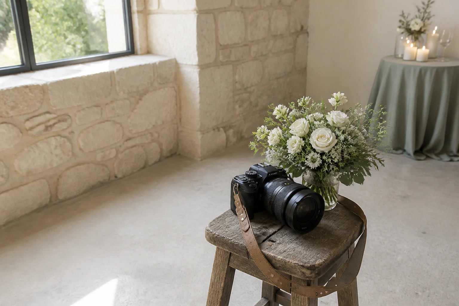 Appareil photo et accessoires de reportage de mariage — illustration générée par IA