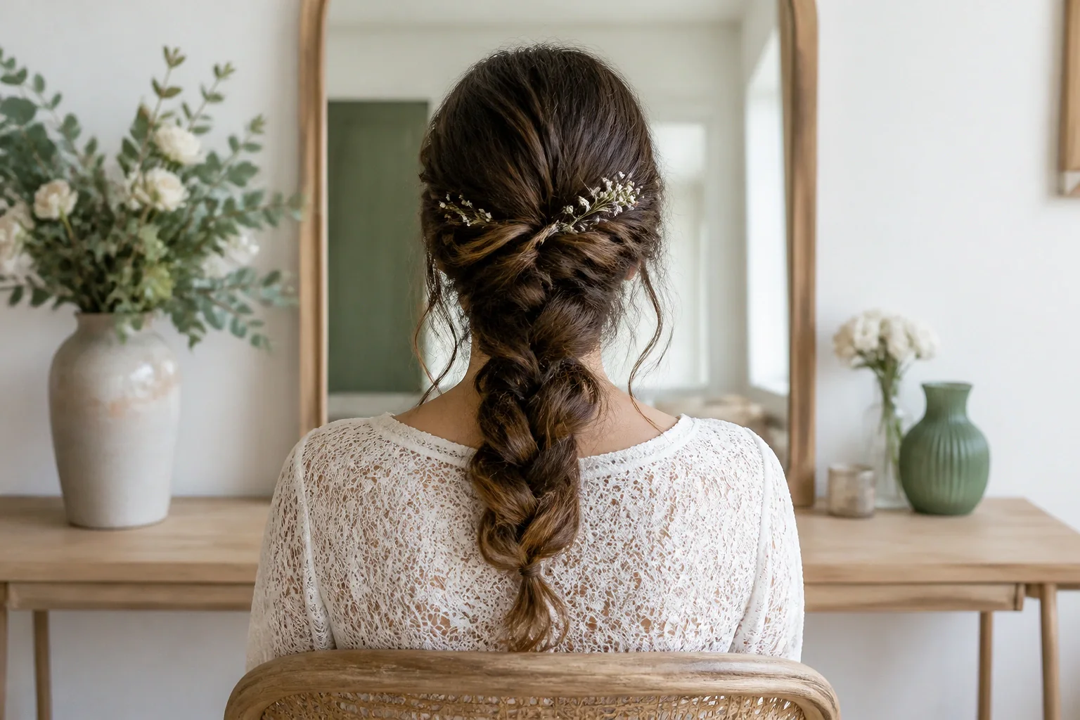 Coiffure de cérémonie vue pendant la préparation — illustration générée par IA