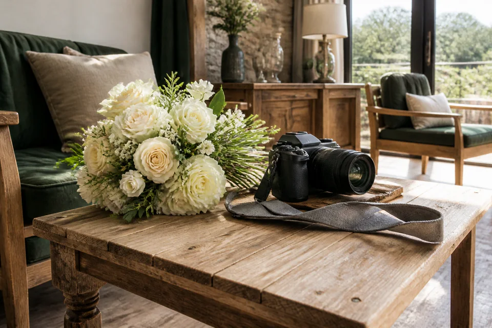 Appareil photo et accessoires de reportage de mariage — illustration générée par IA