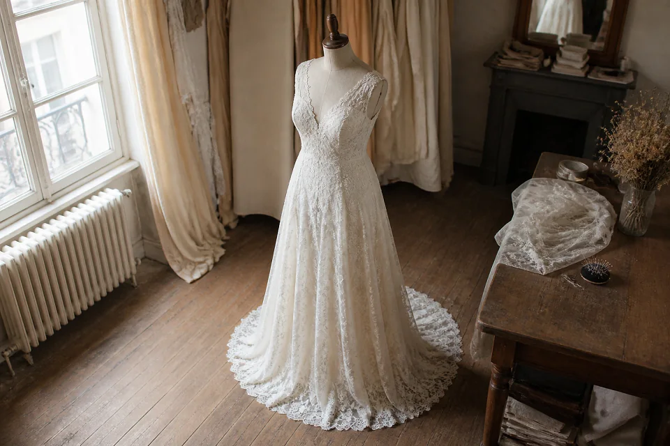 Robe de mariée dans un atelier de confection — illustration générée par IA