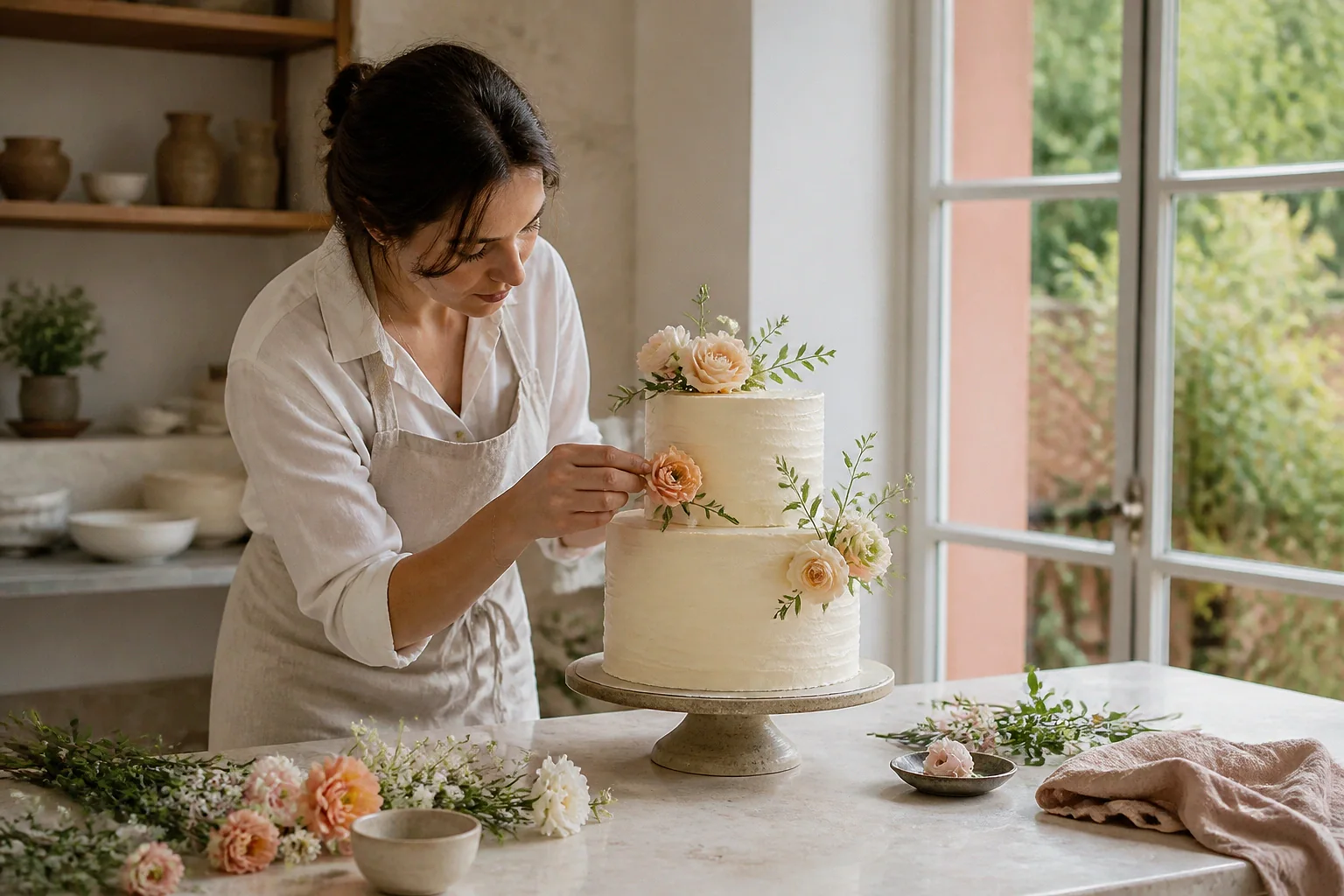Gâteau de mariage préparé dans un atelier — illustration générée par IA