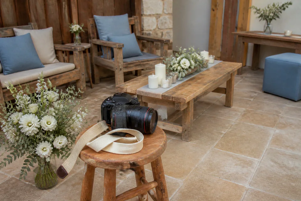 Appareil photo et accessoires de reportage de mariage — illustration générée par IA