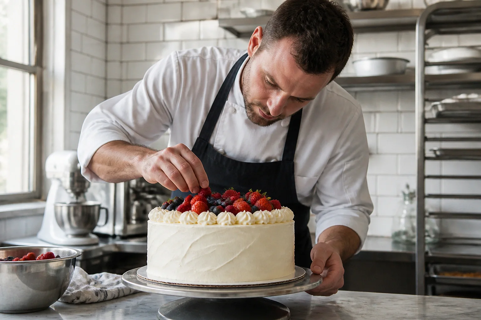 Gâteau de mariage préparé dans un atelier — illustration générée par IA