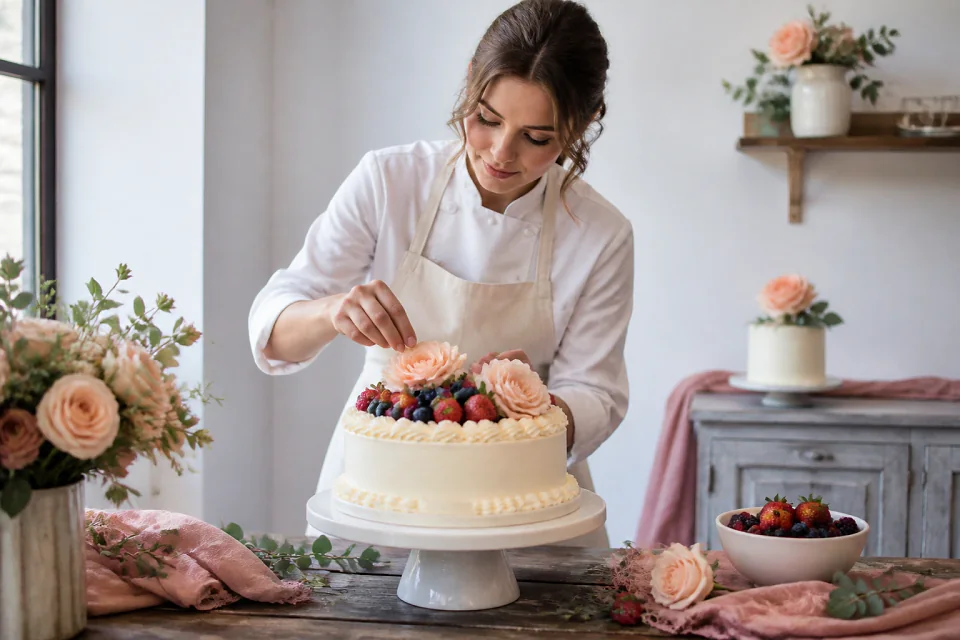 Gâteau de mariage préparé dans un atelier — illustration générée par IA