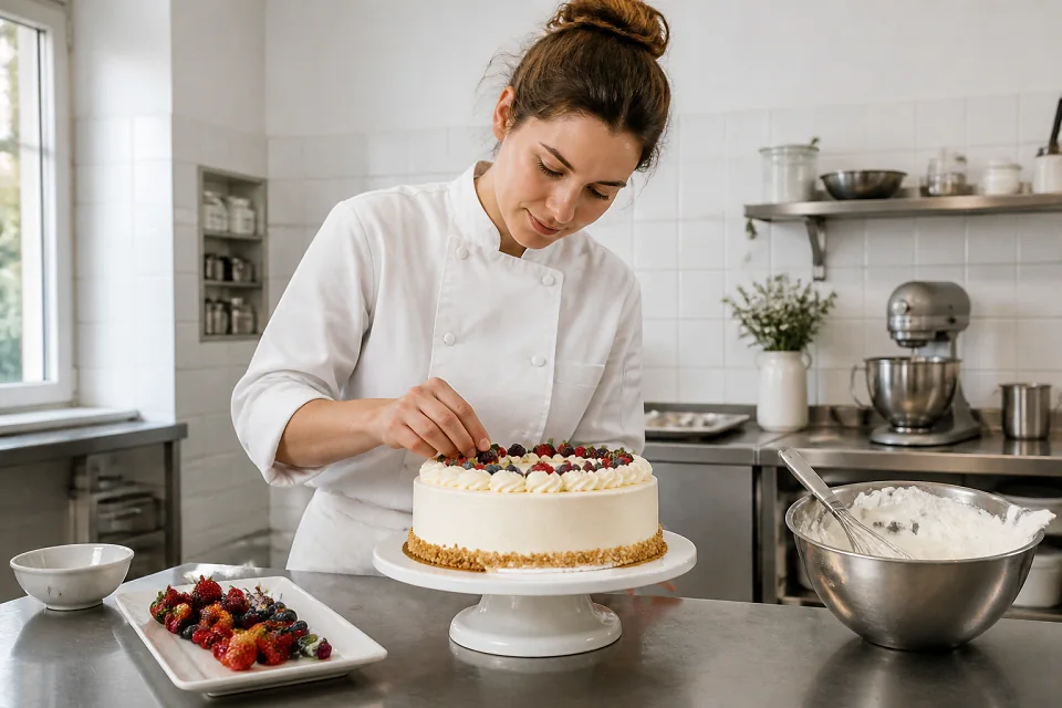 Gâteau de mariage préparé dans un atelier — illustration générée par IA