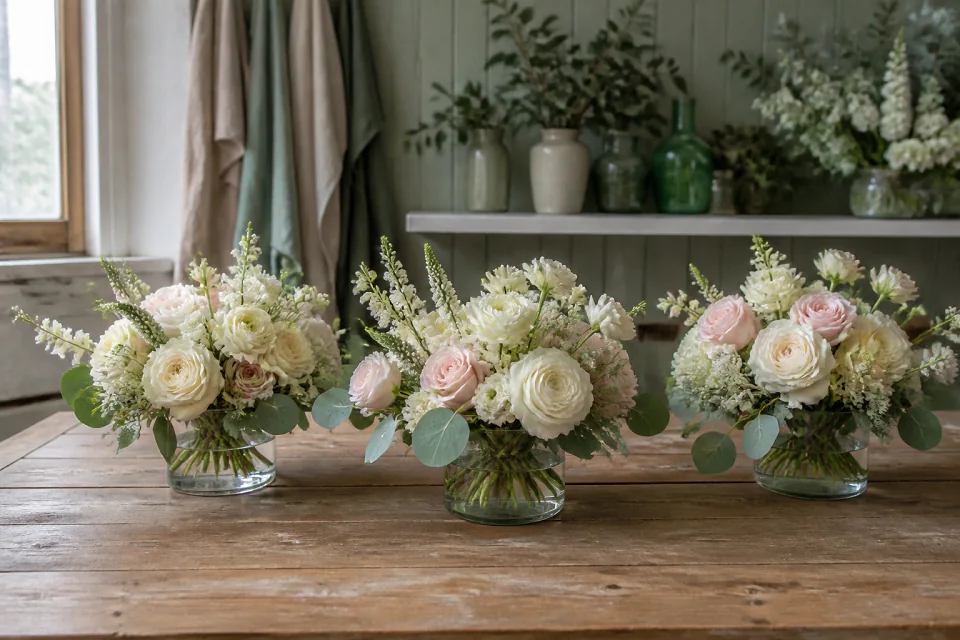 Préparation florale pour un mariage — illustration générée par IA