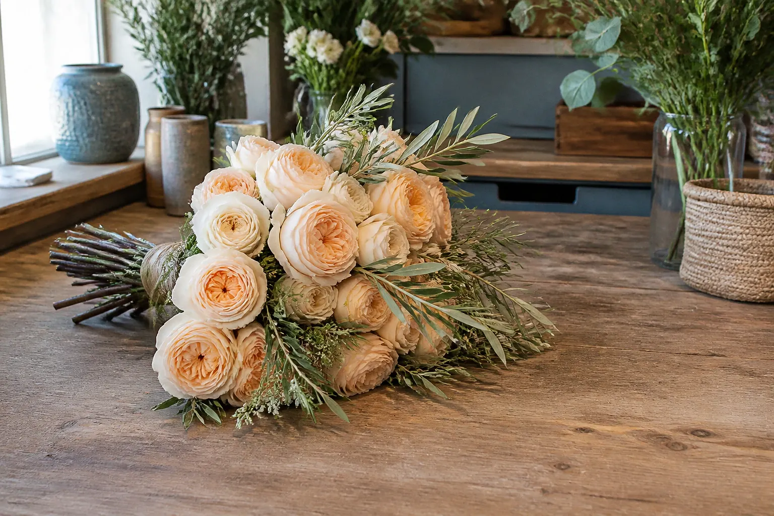 Préparation florale pour un mariage — illustration générée par IA