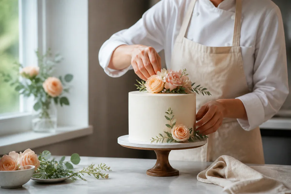 Gâteau de mariage préparé dans un atelier — illustration générée par IA
