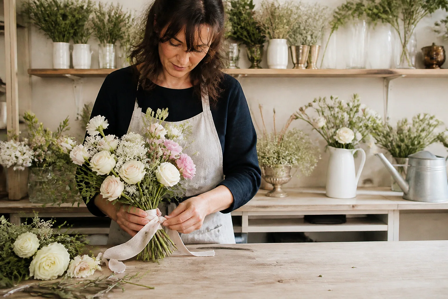 Préparation florale pour un mariage — illustration générée par IA