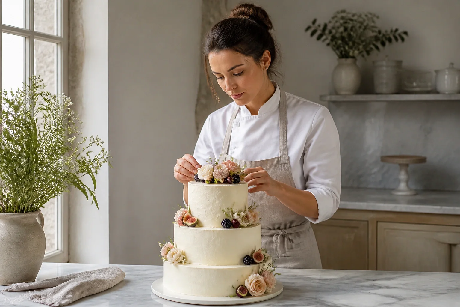 Gâteau de mariage préparé dans un atelier — illustration générée par IA