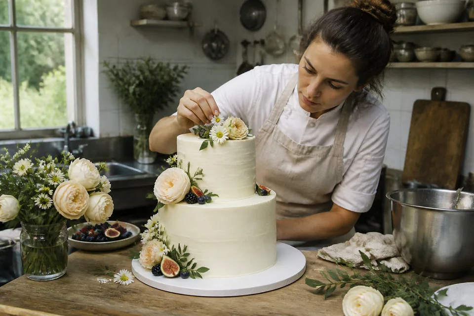 Gâteau de mariage préparé dans un atelier — illustration générée par IA