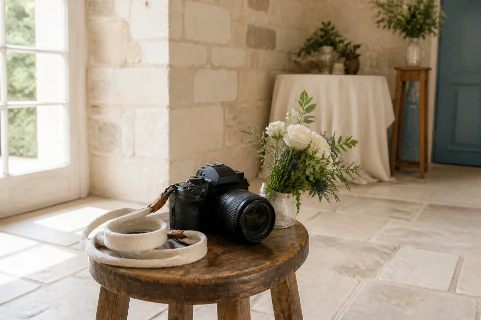 Appareil photo et accessoires de reportage de mariage — illustration générée par IA