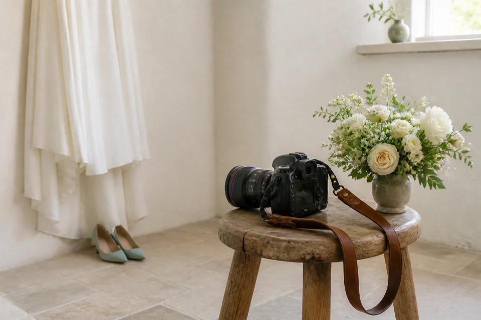 Appareil photo et accessoires de reportage de mariage — illustration générée par IA