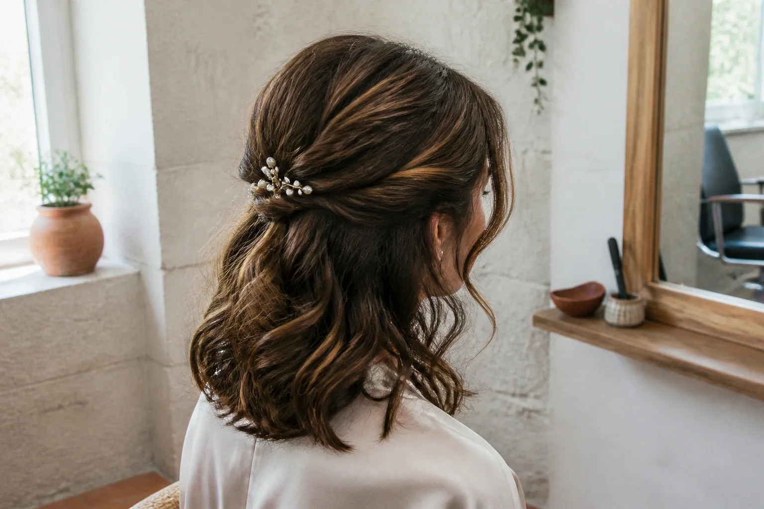 Coiffure de cérémonie vue pendant la préparation — illustration générée par IA