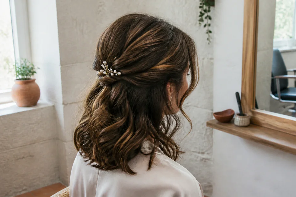 Coiffure de cérémonie vue pendant la préparation — illustration générée par IA