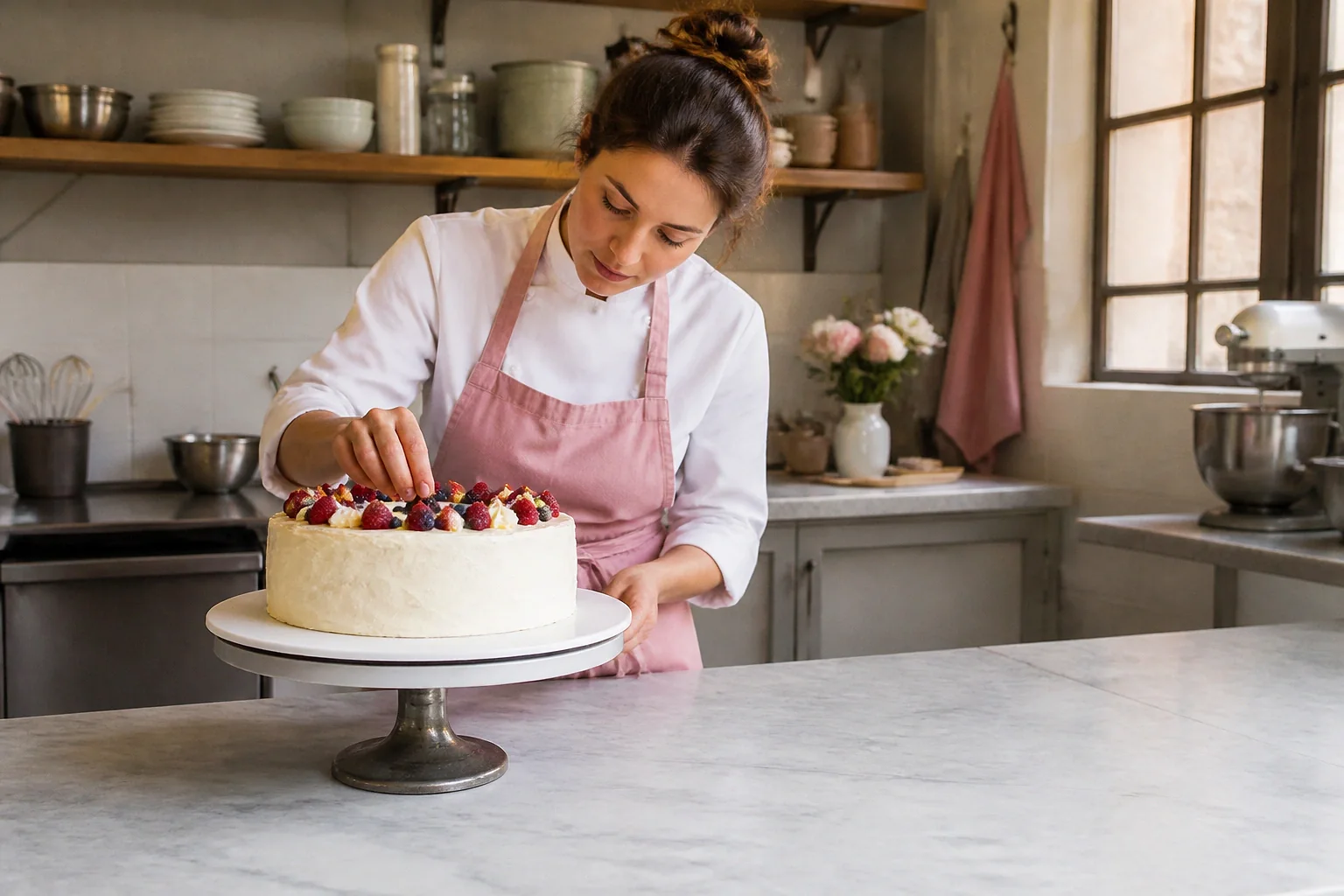 Gâteau de mariage préparé dans un atelier — illustration générée par IA