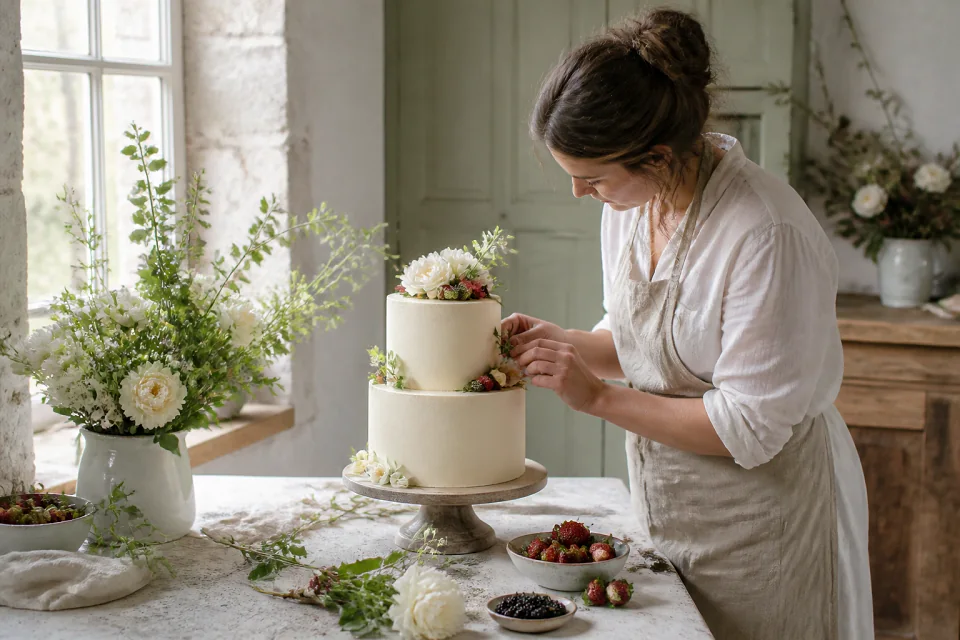 Gâteau de mariage préparé dans un atelier — illustration générée par IA