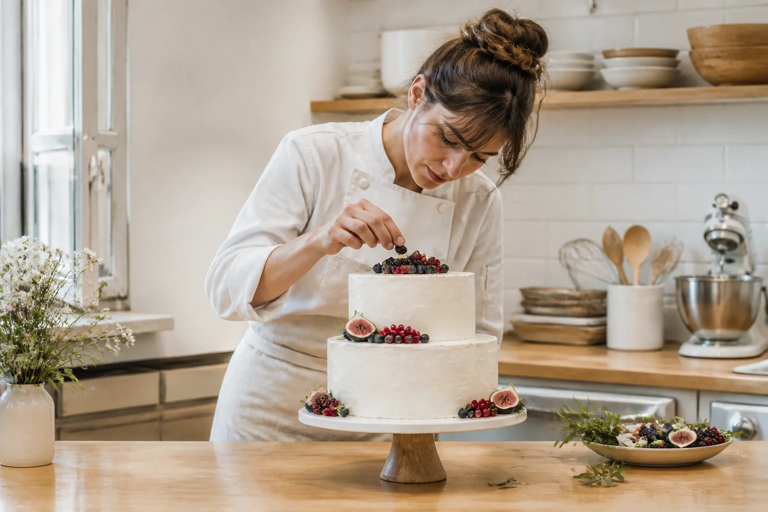 Gâteau de mariage préparé dans un atelier — illustration générée par IA