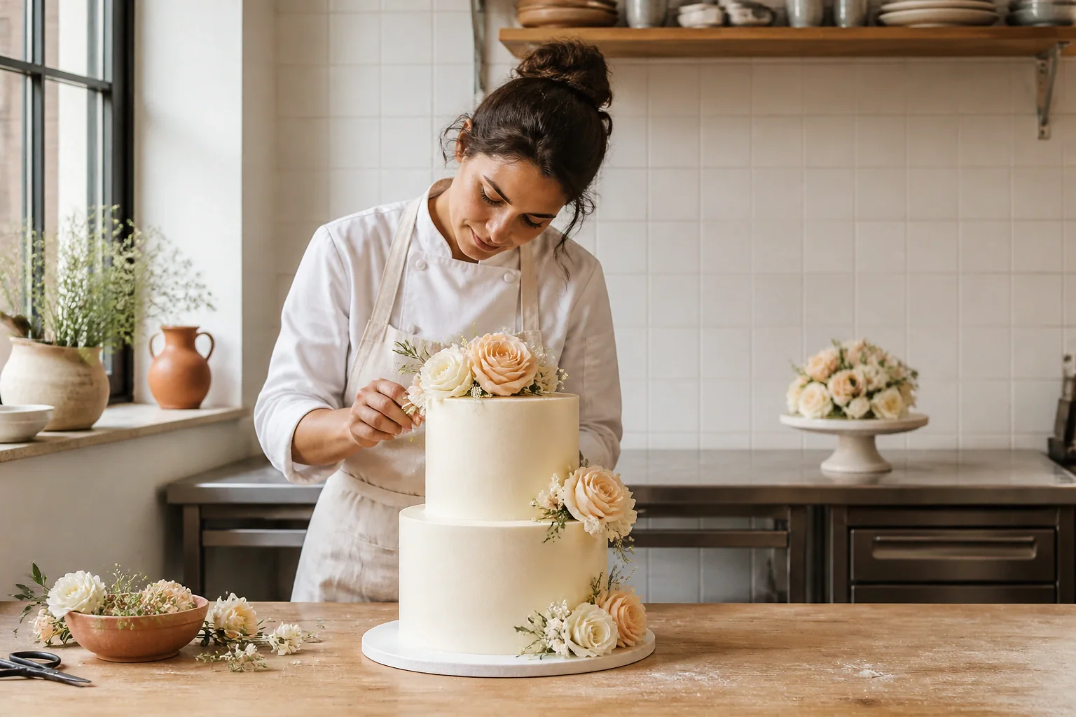 Gâteau de mariage préparé dans un atelier — illustration générée par IA