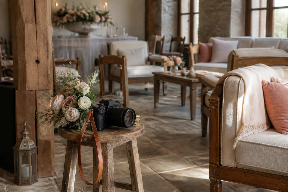 Appareil photo et accessoires de reportage de mariage — illustration générée par IA