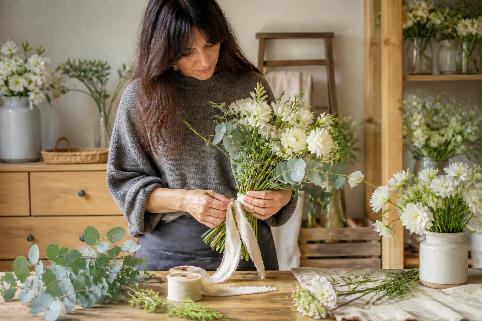 Préparation florale pour un mariage — illustration générée par IA