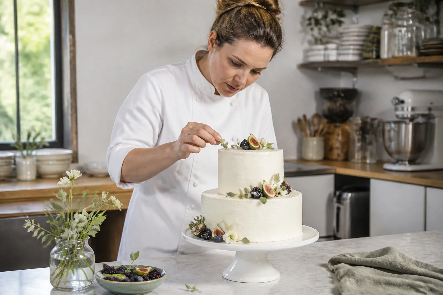 Gâteau de mariage préparé dans un atelier — illustration générée par IA