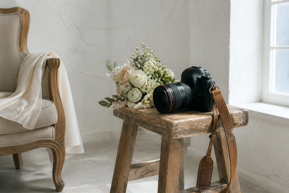 Appareil photo et accessoires de reportage de mariage — illustration générée par IA