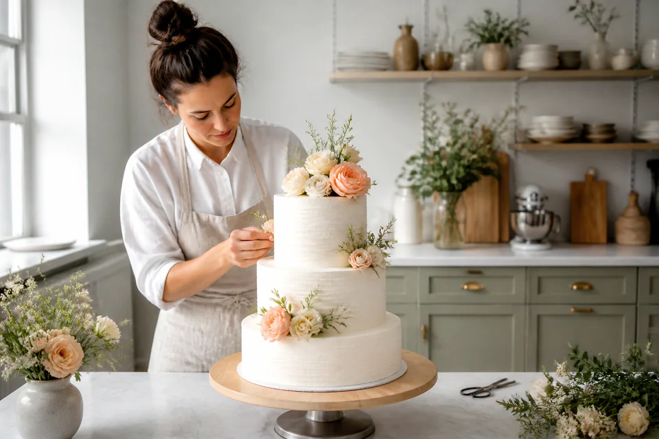 Gâteau de mariage préparé dans un atelier — illustration générée par IA