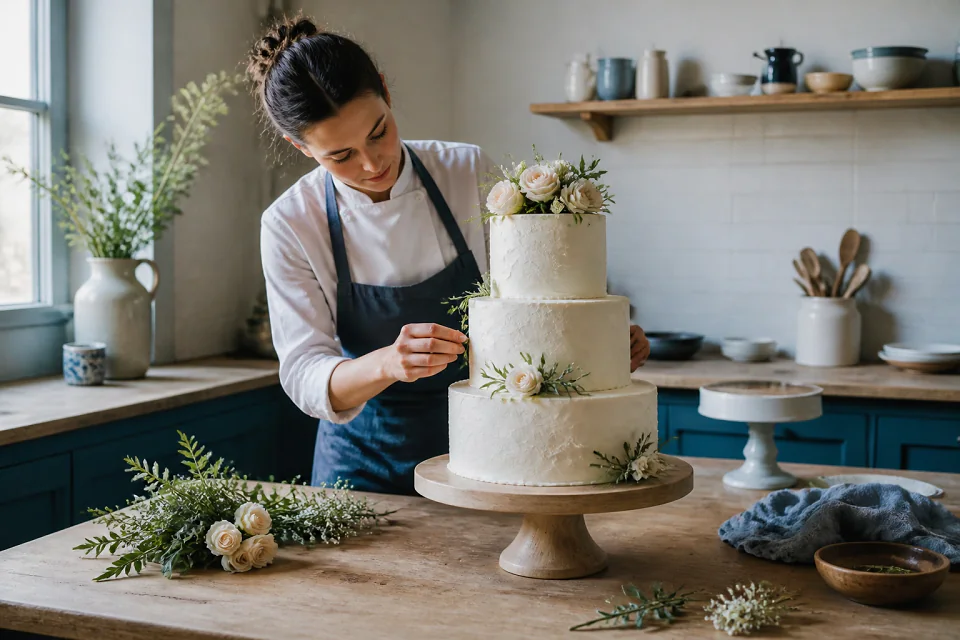 Gâteau de mariage préparé dans un atelier — illustration générée par IA