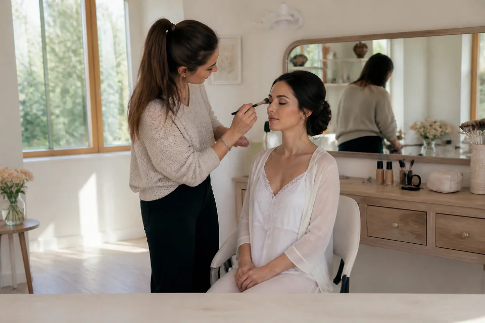 Préparation d’un maquillage de mariage — illustration générée par IA