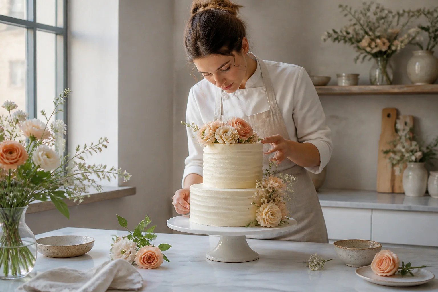 Gâteau de mariage préparé dans un atelier — illustration générée par IA