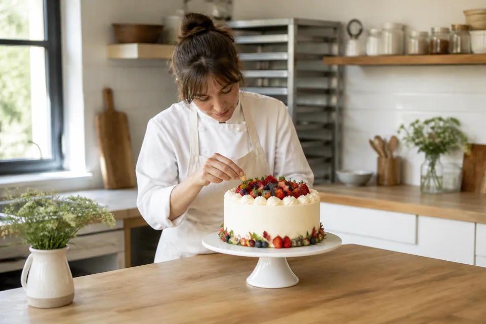 Gâteau de mariage préparé dans un atelier — illustration générée par IA