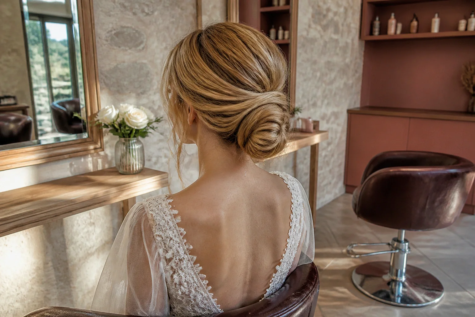 Coiffure de cérémonie vue pendant la préparation — illustration générée par IA