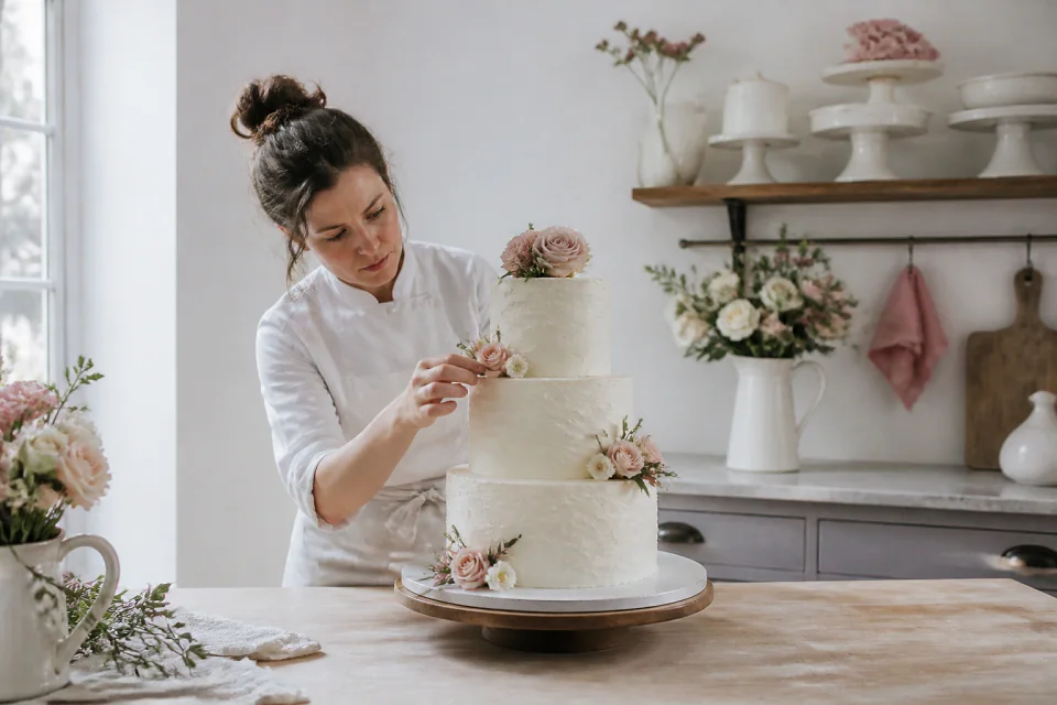 Gâteau de mariage préparé dans un atelier — illustration générée par IA
