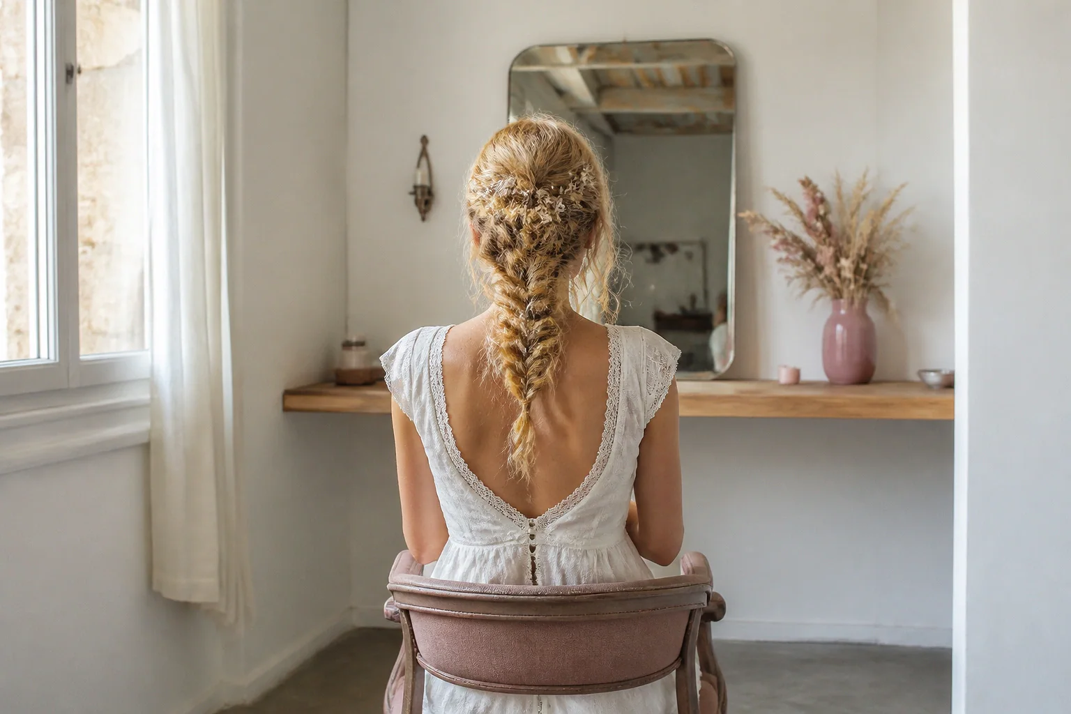 Coiffure de cérémonie vue pendant la préparation — illustration générée par IA