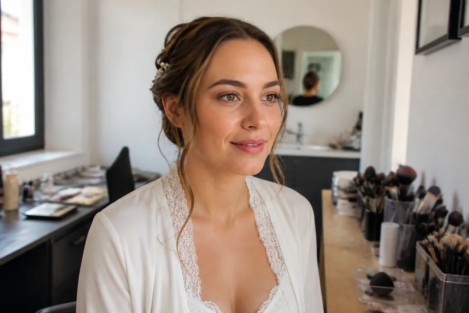 Préparation d’un maquillage de mariage — illustration générée par IA