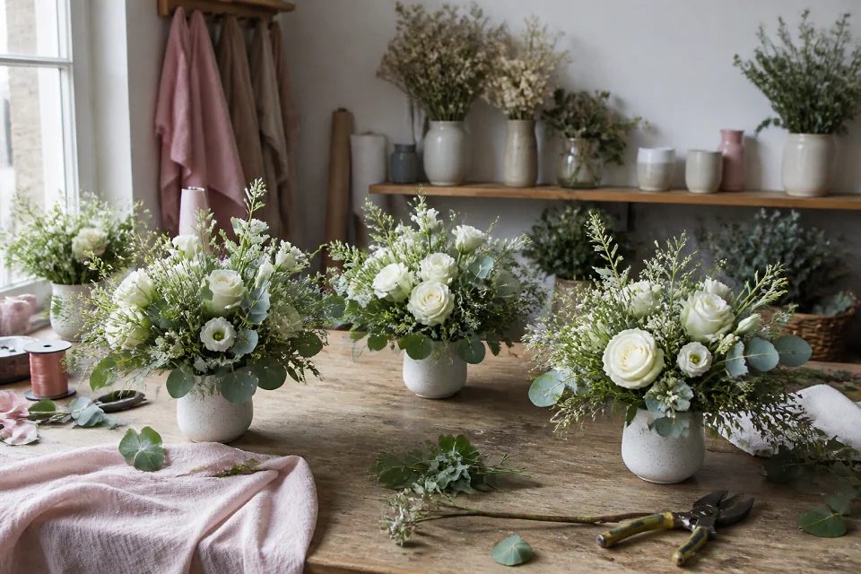 Préparation florale pour un mariage — illustration générée par IA