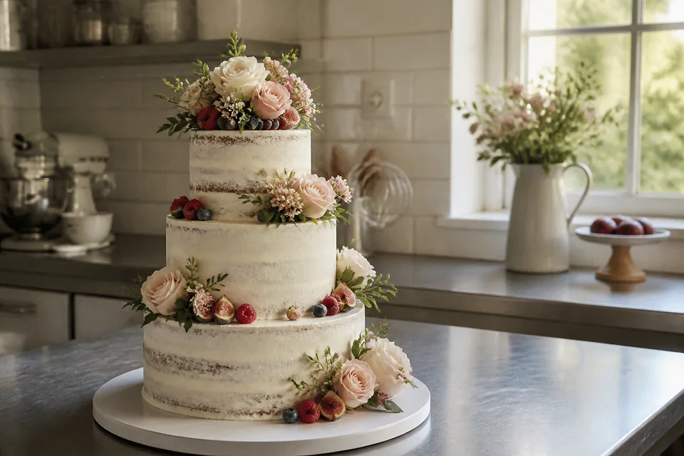 Gâteau de mariage préparé dans un atelier — illustration générée par IA