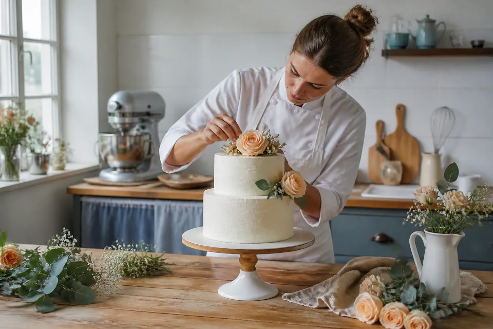 Gâteau de mariage préparé dans un atelier — illustration générée par IA