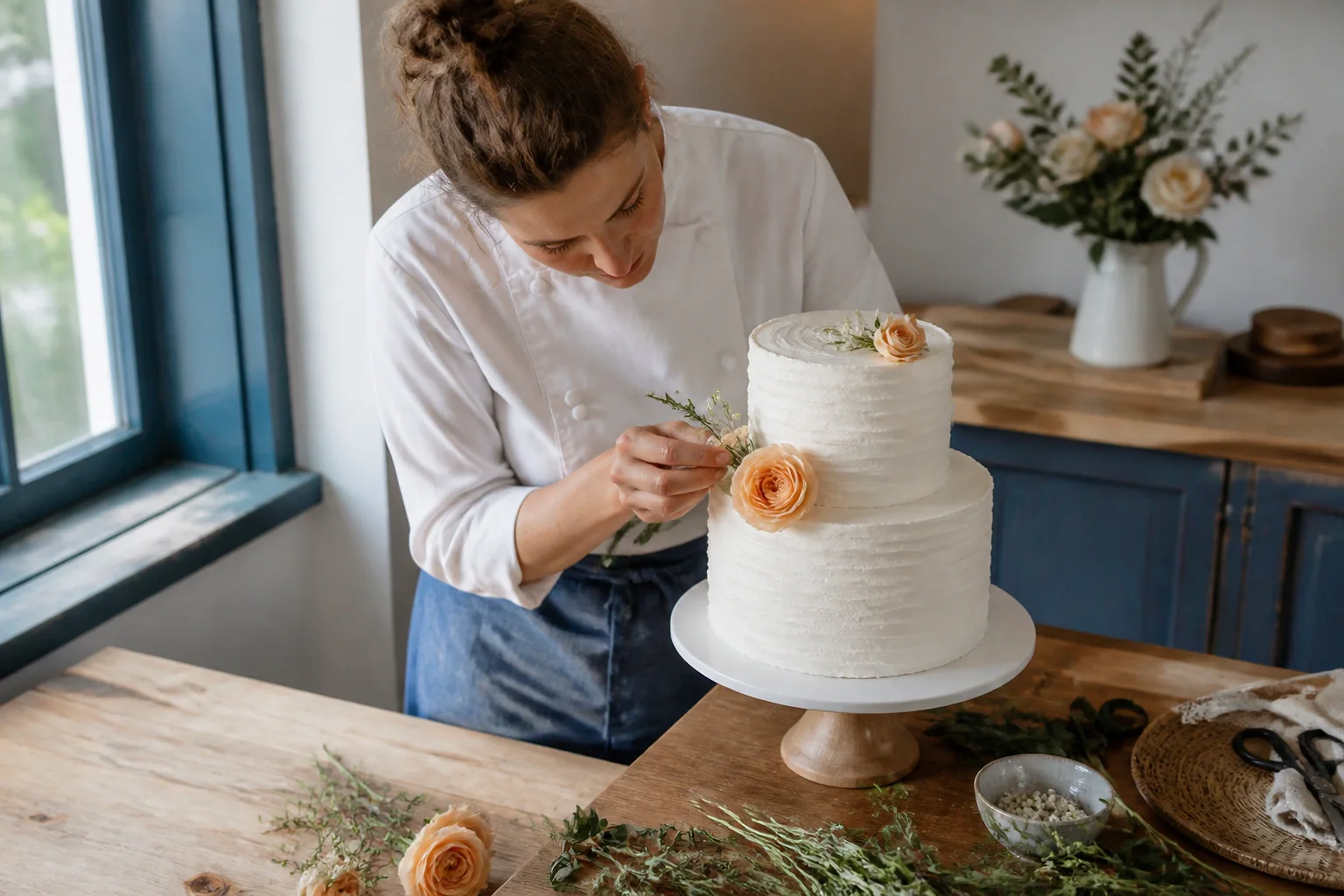 Gâteau de mariage préparé dans un atelier — illustration générée par IA