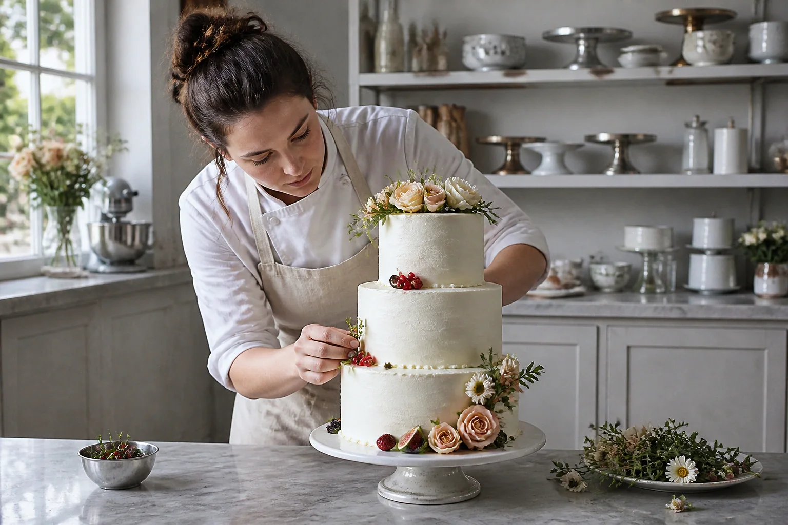 Gâteau de mariage préparé dans un atelier — illustration générée par IA