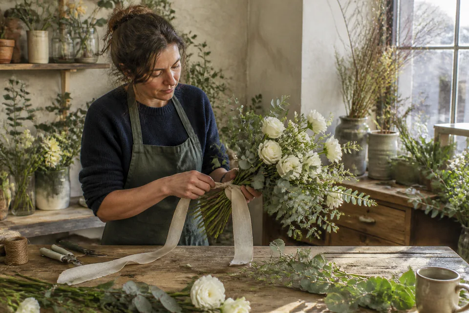 Préparation florale pour un mariage — illustration générée par IA