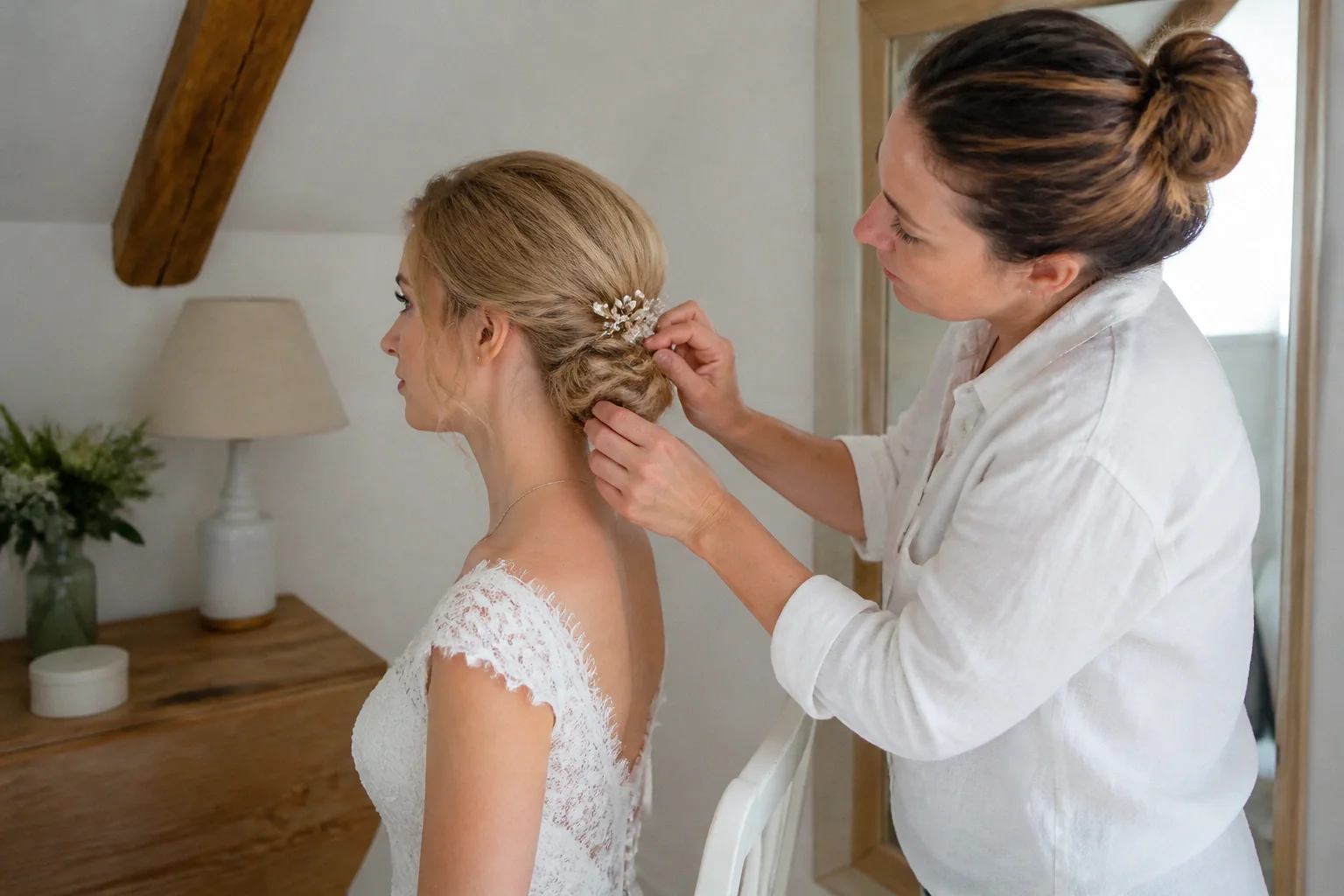 Coiffure de cérémonie vue pendant la préparation — illustration générée par IA