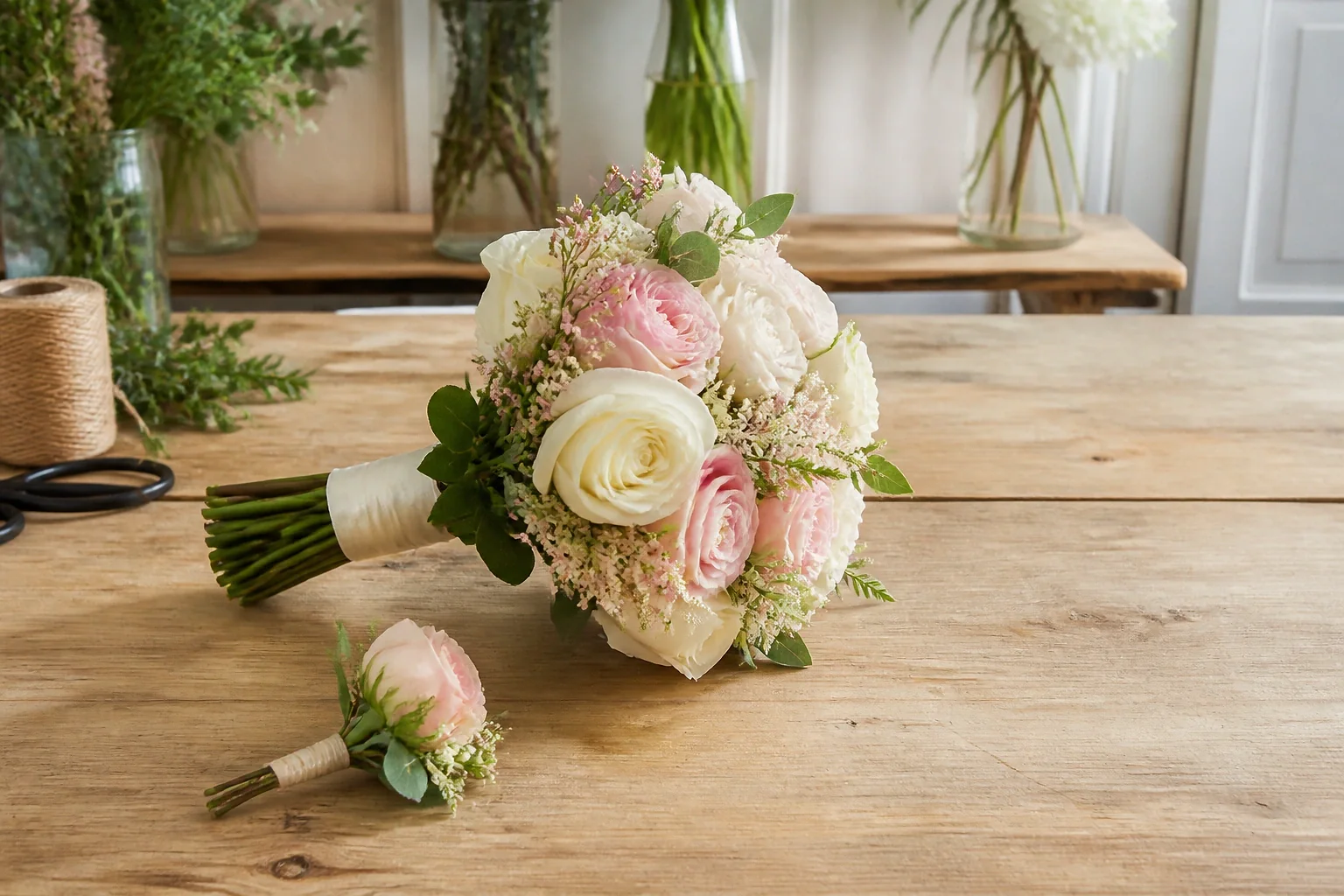 Préparation florale pour un mariage — illustration générée par IA