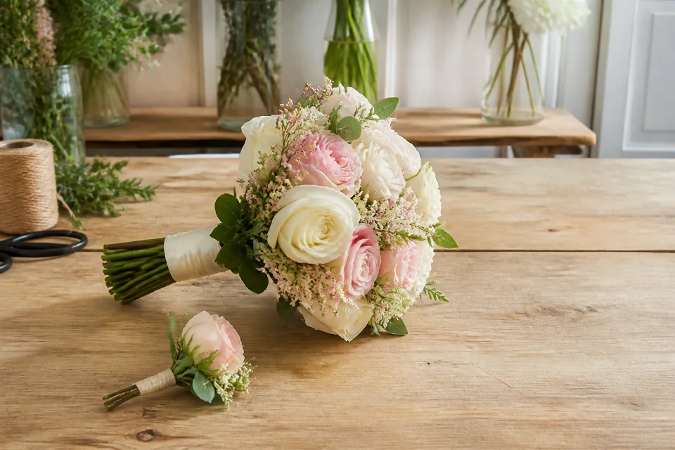 Préparation florale pour un mariage — illustration générée par IA