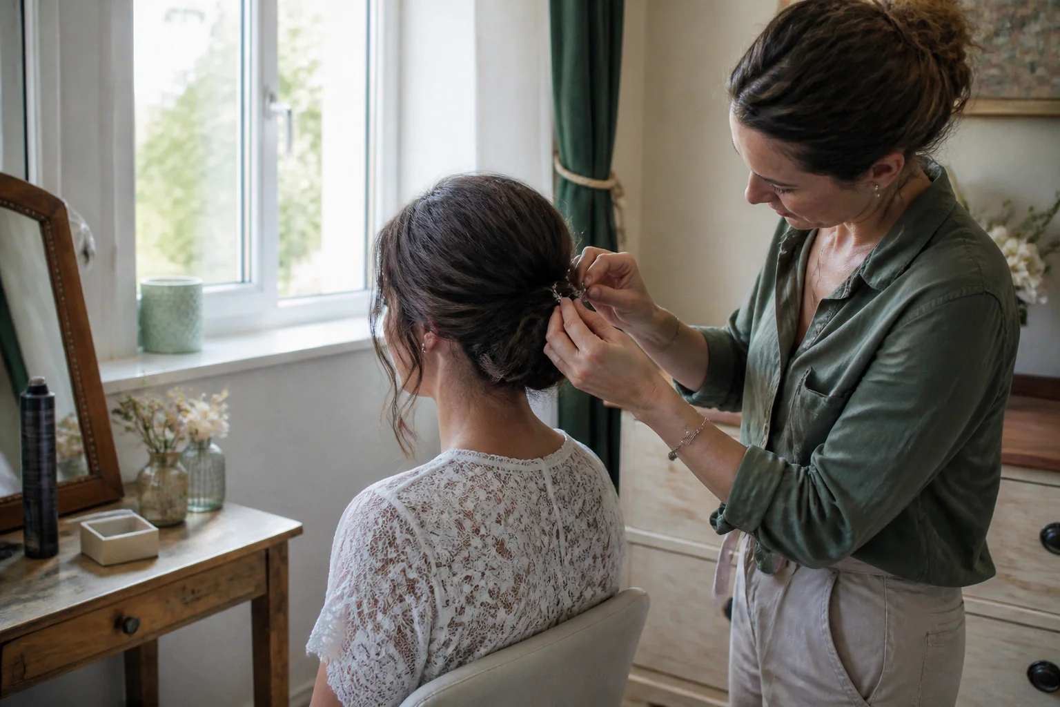 Coiffure de cérémonie vue pendant la préparation — illustration générée par IA