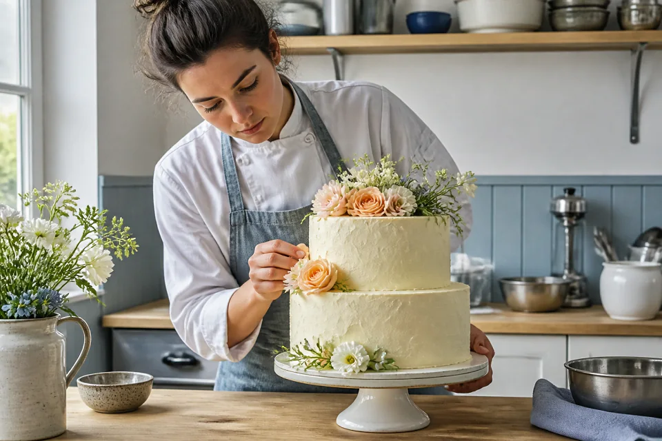 Gâteau de mariage préparé dans un atelier — illustration générée par IA