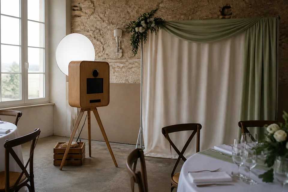 Borne photo installée pour une réception de mariage — illustration générée par IA