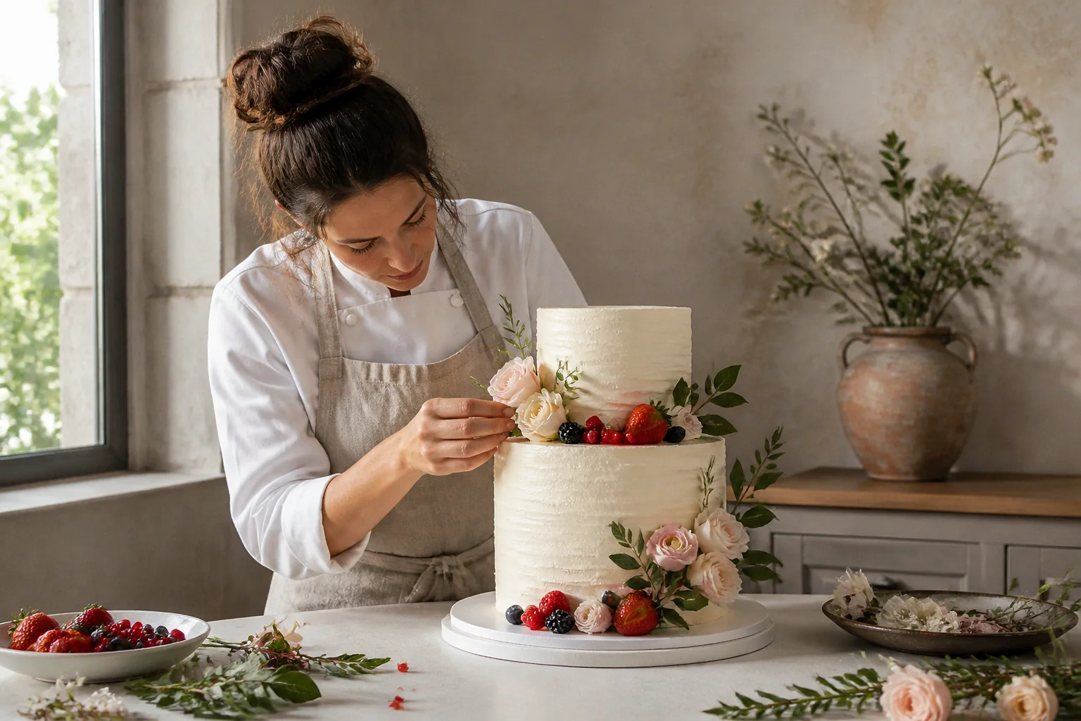 Gâteau de mariage préparé dans un atelier — illustration générée par IA