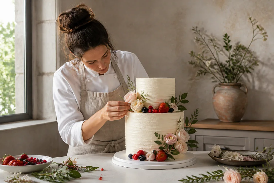 Gâteau de mariage préparé dans un atelier — illustration générée par IA